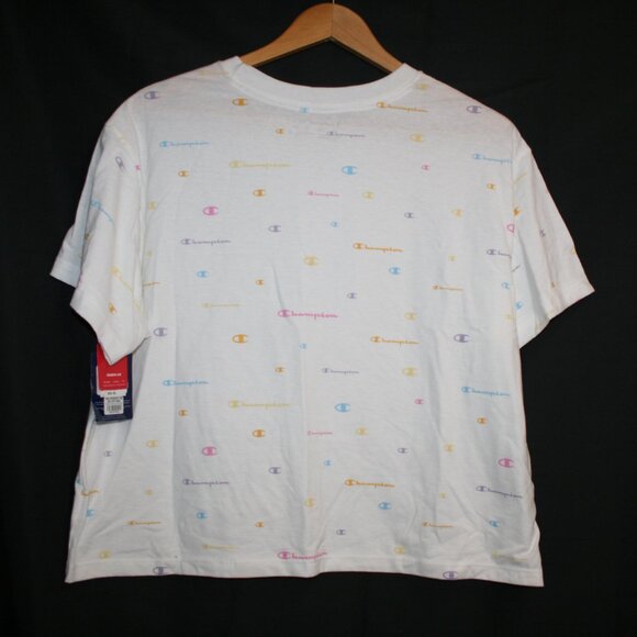 NWT Women's Champion T Shirt White Mulit Logo Cropped Size 1X - Picture 4 of 5